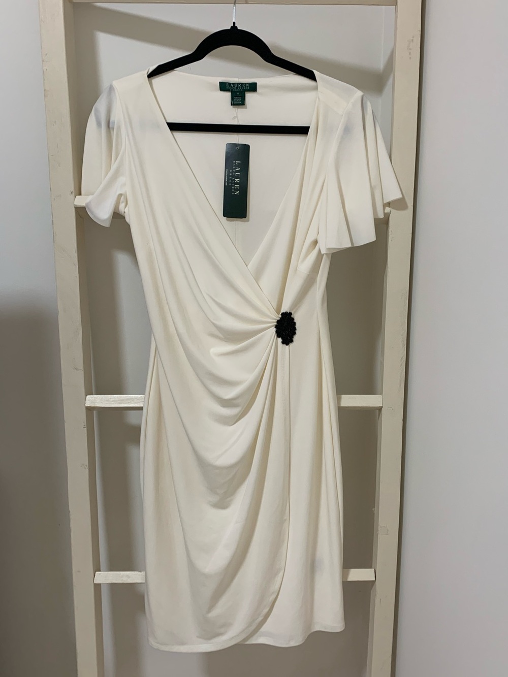 Lauren Ralph Lauren Ivory Draped V-Neck Cocktail Dress with Brooch